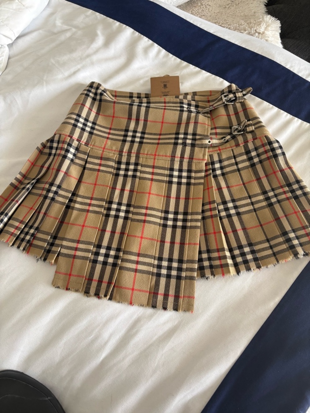 Burberry Beige Plaid Pleated Mini Skirt with Buckle Accents